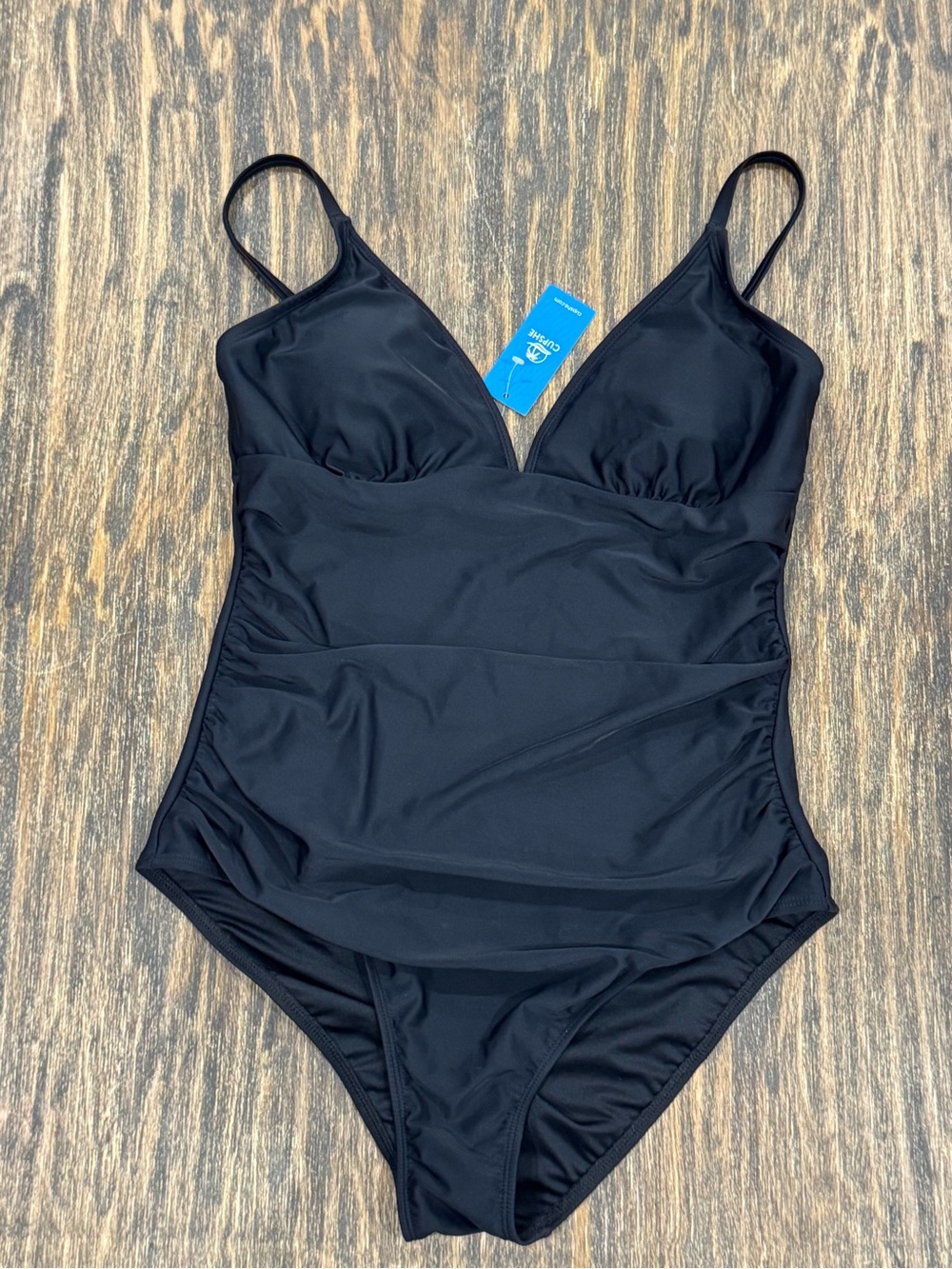 Cupshe Black One Piece Swimsuit L Ruched V Neck Adjustable Straps NWT